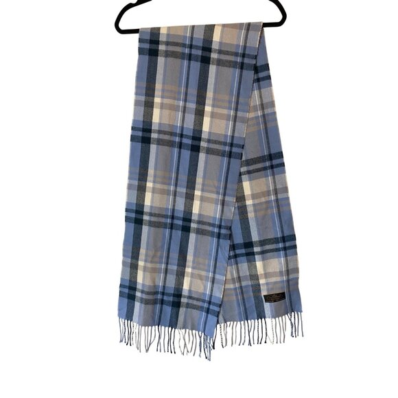 100% Cashmere Scarf Hand Tailored Blue & Gray Plaid 66" x 12" - Picture 1 of 5